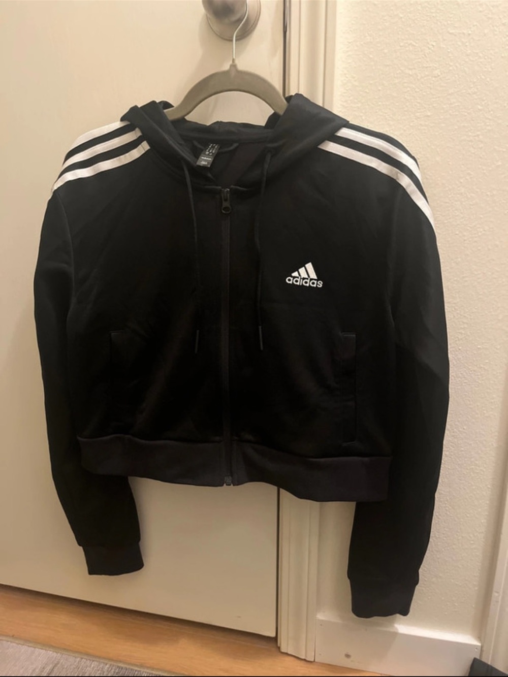 adidas Black Hooded Varsity Jacket with White Sleeve Stripes